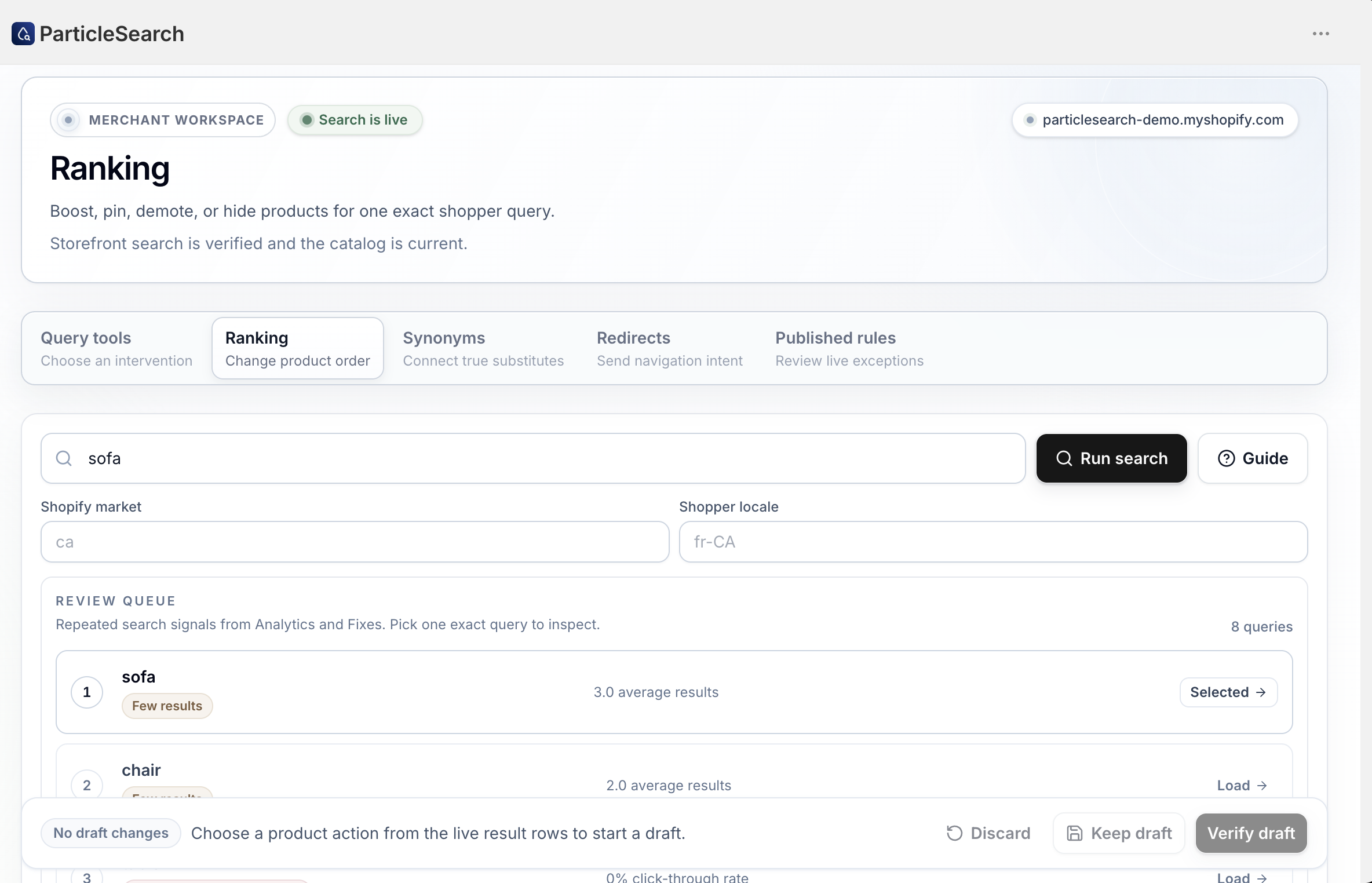 ParticleSearch Ranking workspace for the query sofa showing market, locale, live result review, and a draft review area